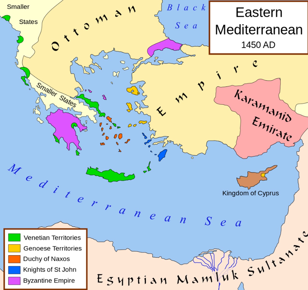 Mappa situazione geopolitica del Mediterraneo orientale nel maggio 1453