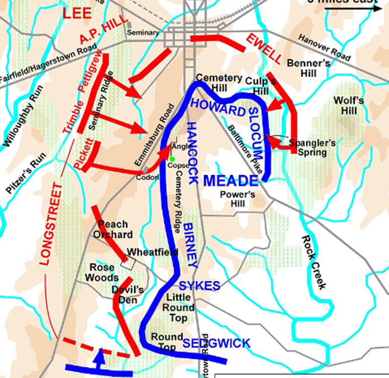 mappa scontri di Gettysburg del 3 luglio 1863