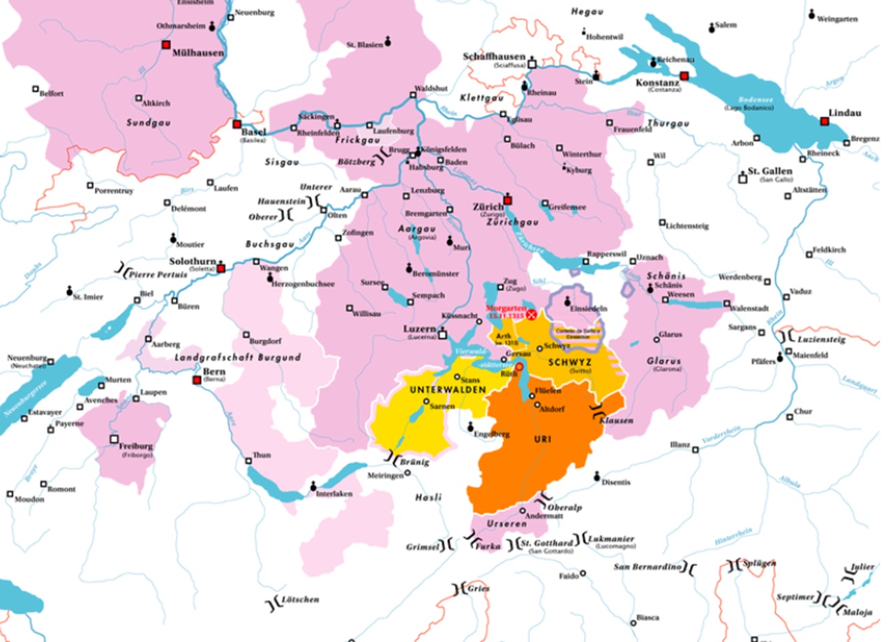 Cantoni firmatari del patto del 1° agosto 1291 e i territori degli Asburgo