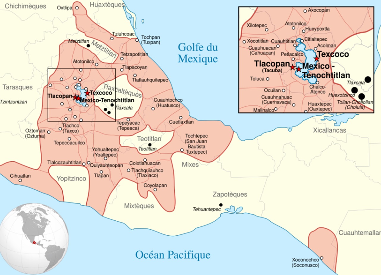 Estensione Impero Azteco, la cui capitale, Tenochtitlan, fu conquistata dagli spagnoli il 13 agosto 1521