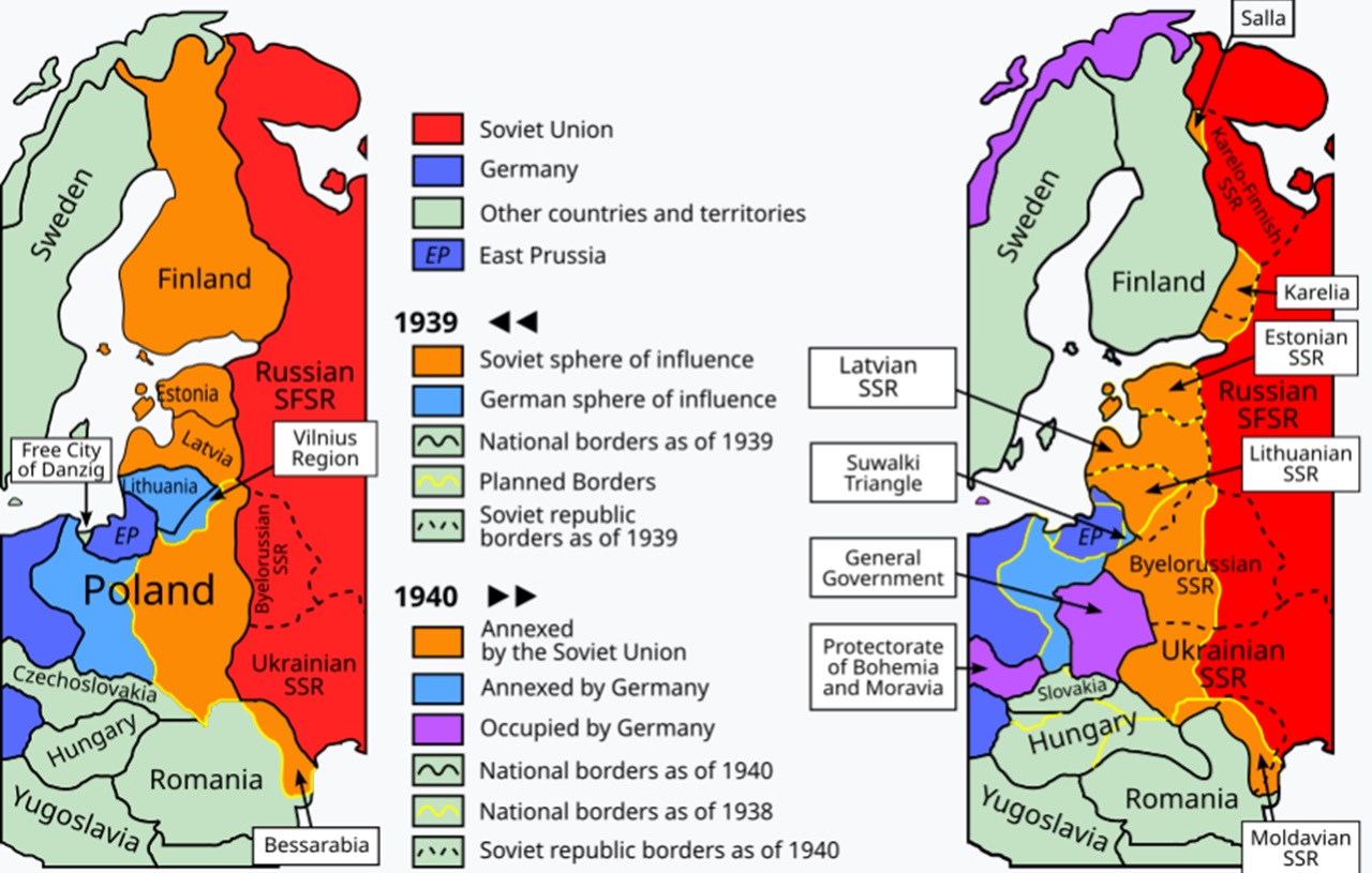 Cartina spartizione Europa orientale secondo il Patto firmato il 23 agosto 1939