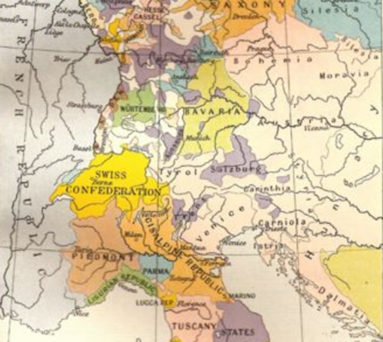 Mappa dei nuovi confini in Italia e Germania dopo il 17 ottobre 1797