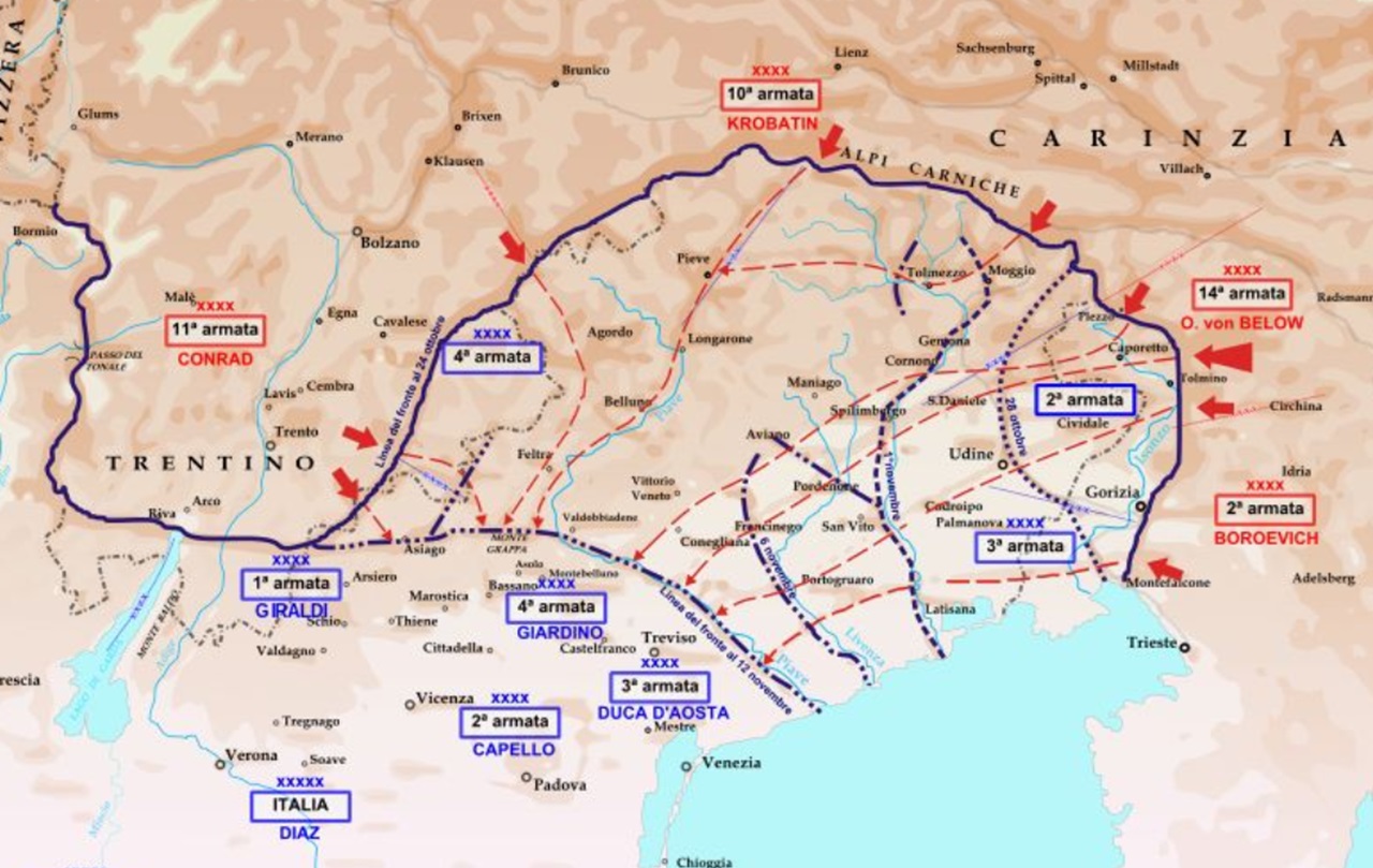 Mappa fronte italiano al 24 ottobre 1917 e avanzata austro-tedesca