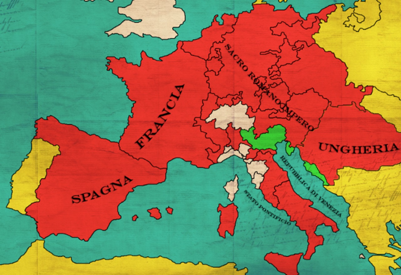 Mappa paesi europei coinvolti nella Lega di Cambrai, firmata il 10 dicembre 1508